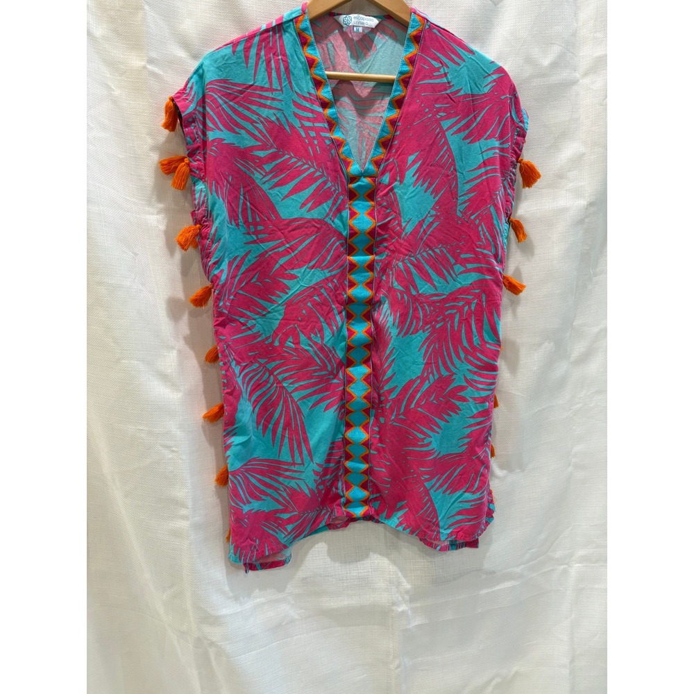 Escapada Living Tropical Palm Tassel Tunic Top Pink‎ Turquoise Medium RN129426